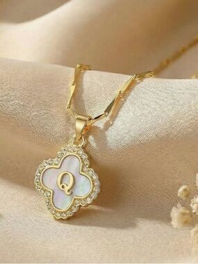 Gold Initial Q Mother of Pearl CZ Clover Pendant Seed Chain Necklace